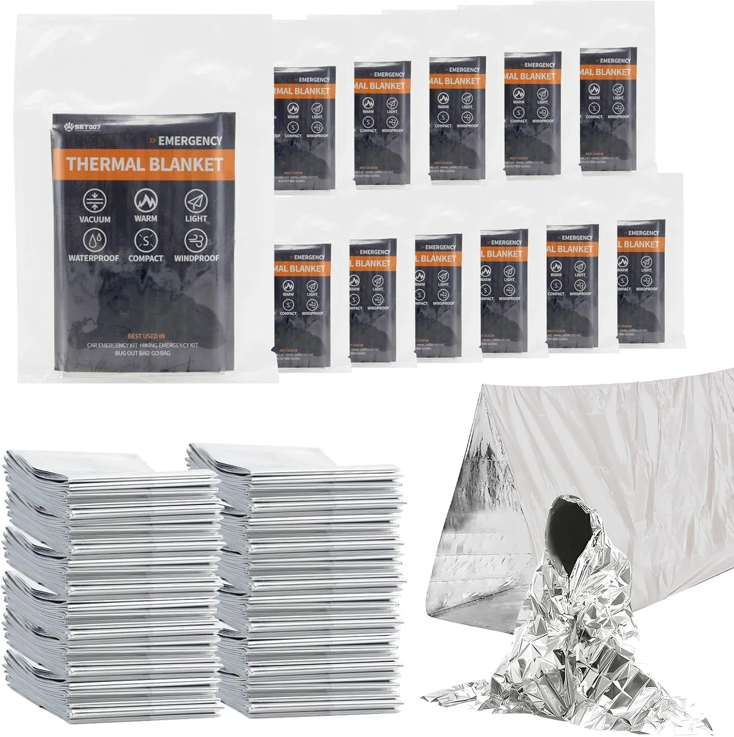 12-Pack Emergency Mylar Thermal Blankets, 82"x62" Space Blankets Foil Blanket, XL Camping Blanket for Outdoors, Hiking, Survival kit, Bug Out BagMarathons or First Aid, Silver