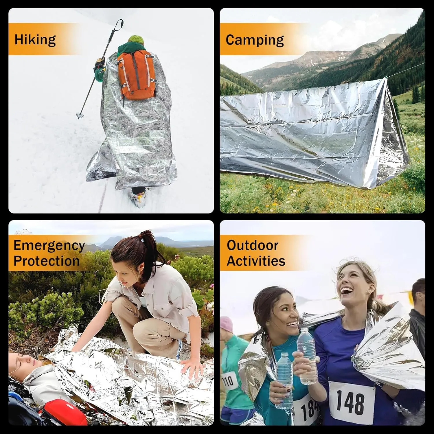 12-Pack Emergency Mylar Thermal Blankets, 82"x62" Space Blankets Foil Blanket, XL Camping Blanket for Outdoors, Hiking, Survival kit, Bug Out BagMarathons or First Aid, Silver