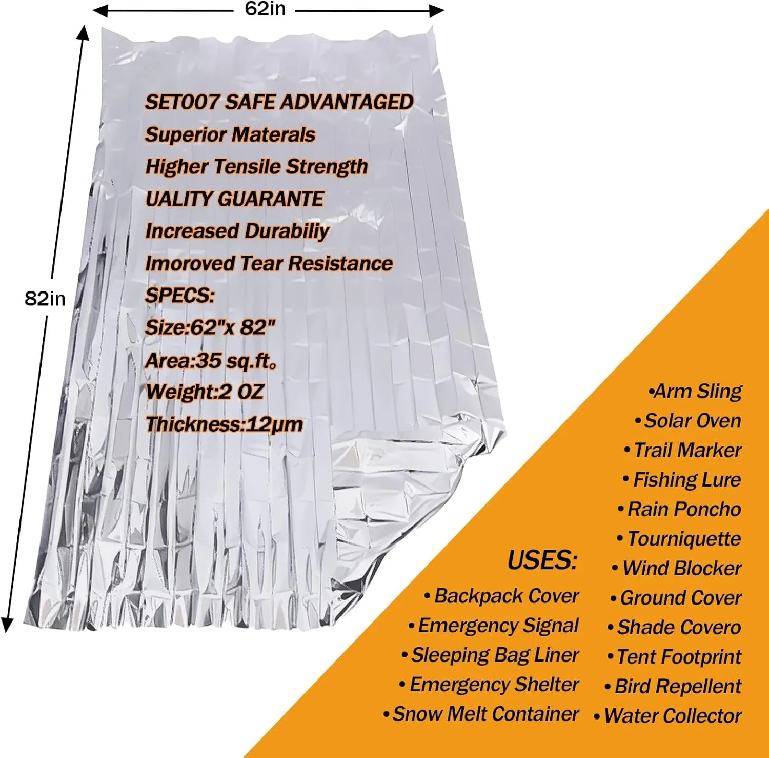 12-Pack Emergency Mylar Thermal Blankets, 82"x62" Space Blankets Foil Blanket, XL Camping Blanket for Outdoors, Hiking, Survival kit, Bug Out BagMarathons or First Aid, Silver