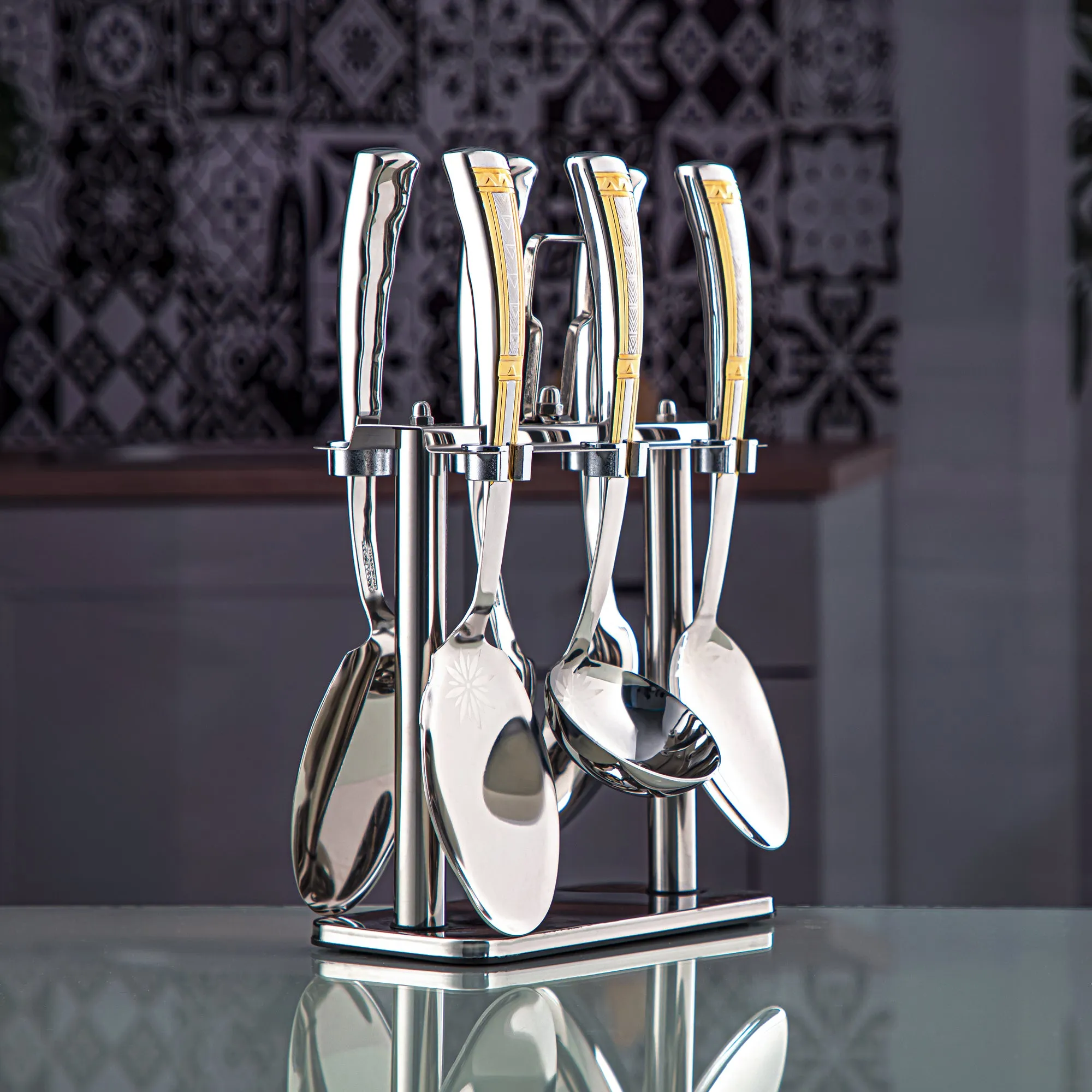 Almarjan 7 Pieces Stainless Steel Kitchen Tools Set With Holder Silver & Gold - DA004GLA020S