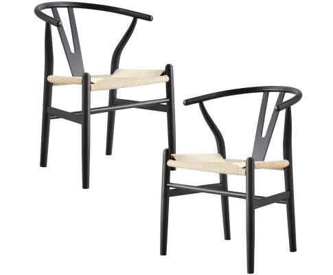 Anemone Set of 2 Wishbone Dining Chair Beech Timber Replica Hans Wenger - Black