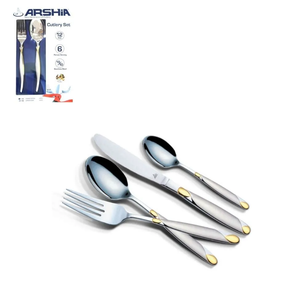 Arshia Gold Silver Mirror Dinner Spoon and Fork 12pc Set