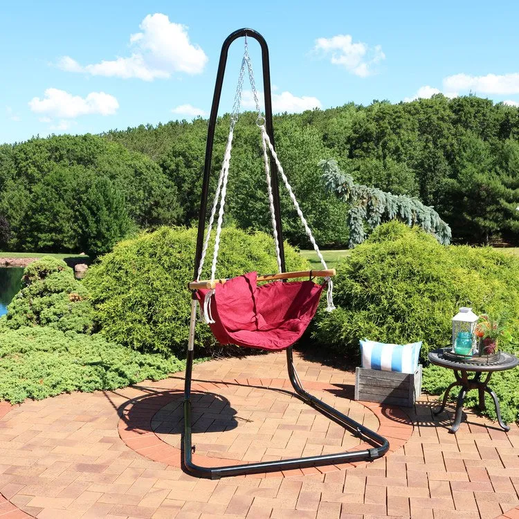 Audrey Olefin Outdoor Single-Person Hammock Hanging Chair with Bamboo Armrest and Black Steel Stand - Red