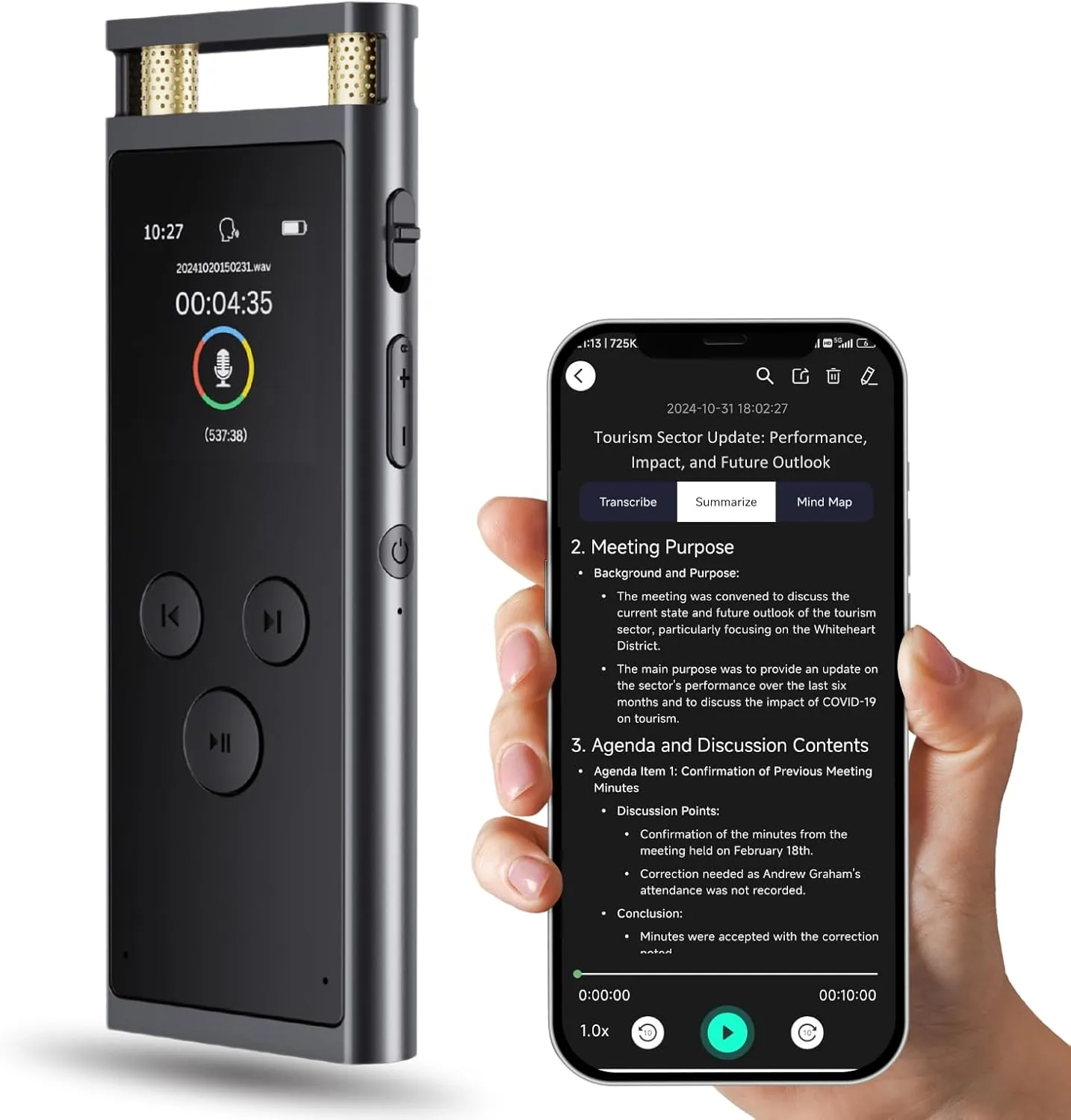 Digital Voice Recorder with APP for Voice-to-Text Transcription, GPT-4o Summary, Mind Mapping, Playback Support, Voice Activation, 64GB Aluminum Alloy Dictaphone, Space Gray  by FoCase Rec