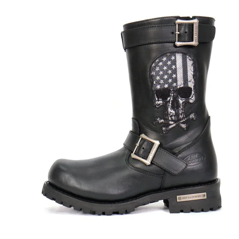 Hot Leathers BTM1018 Men’s Black Tall Harness Flag Skull Boot with
