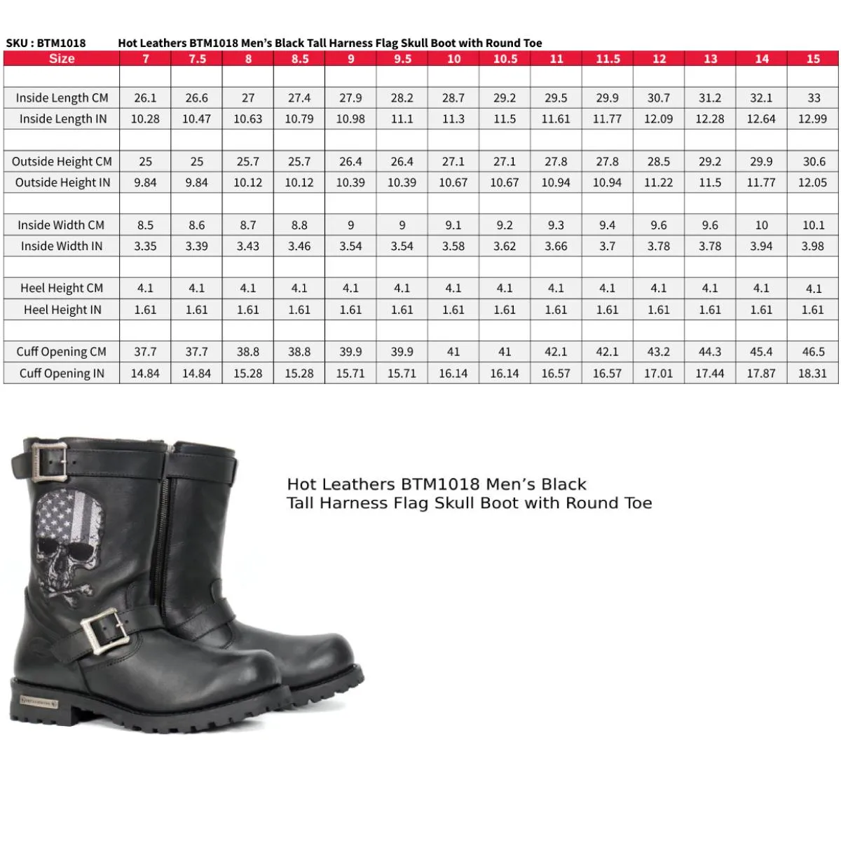 Hot Leathers BTM1018 Men’s Black Tall Harness Flag Skull Boot with