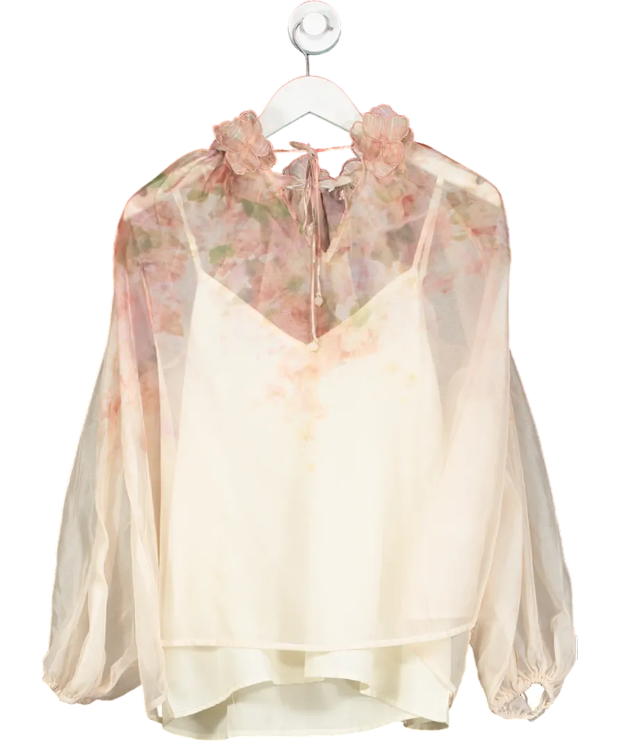 Ky Creation Nude Sheer Floral Applique Blouse UK M