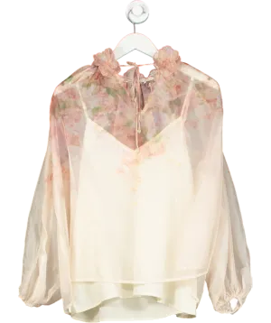 Ky Creation Nude Sheer Floral Applique Blouse UK M