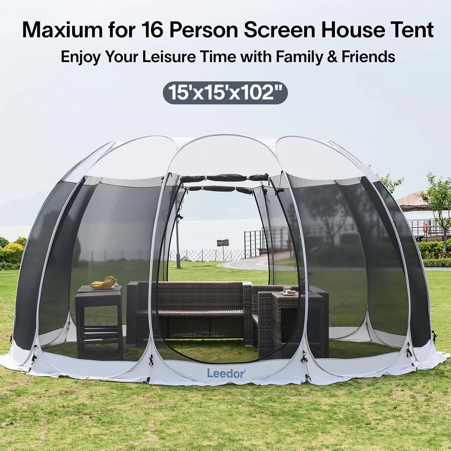 LEEDOR Pop Up Screen House, 6-10-15 Person Outdoor Screen TentCamping Screen Room with Carry Bag, Screened Gazebo with Mosquito Netting, Instant UV Resistant Sun Shelter for Garden, Patio, Backyard
