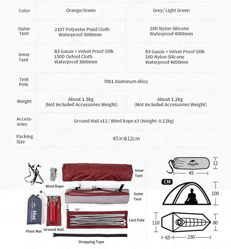 Naturehike Cloud Up Series 1 2 3 Person Tent Outdoor Ultralight Camp Tent with Mat Camping 20D