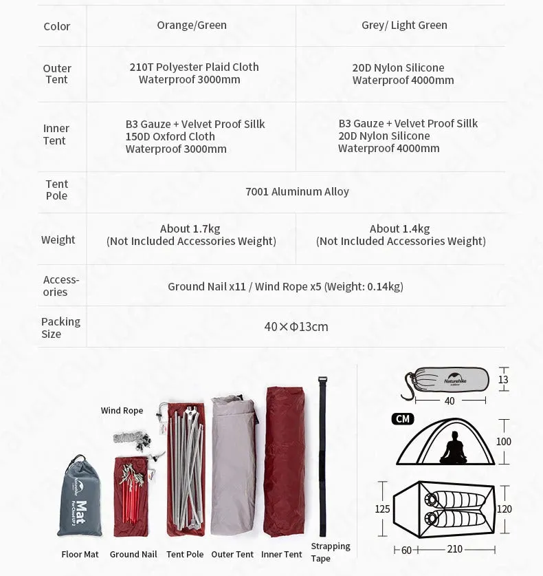 Naturehike Cloud Up Series 1 2 3 Person Tent Outdoor Ultralight Camp Tent with Mat Camping 20D
