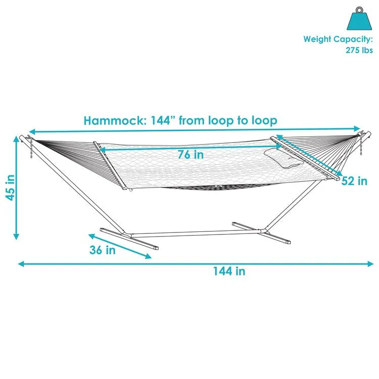 Outdoor Rope Hammock with Pad, Pillow, and 12' Stand - Misty Beach