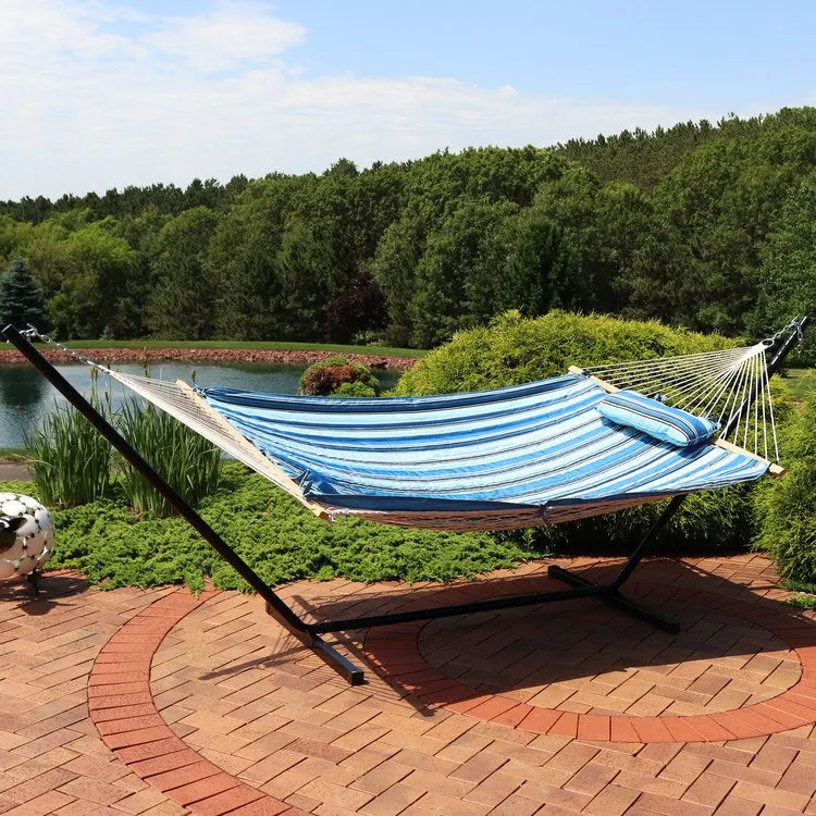 Outdoor Rope Hammock with Pad, Pillow, and 12' Stand - Misty Beach