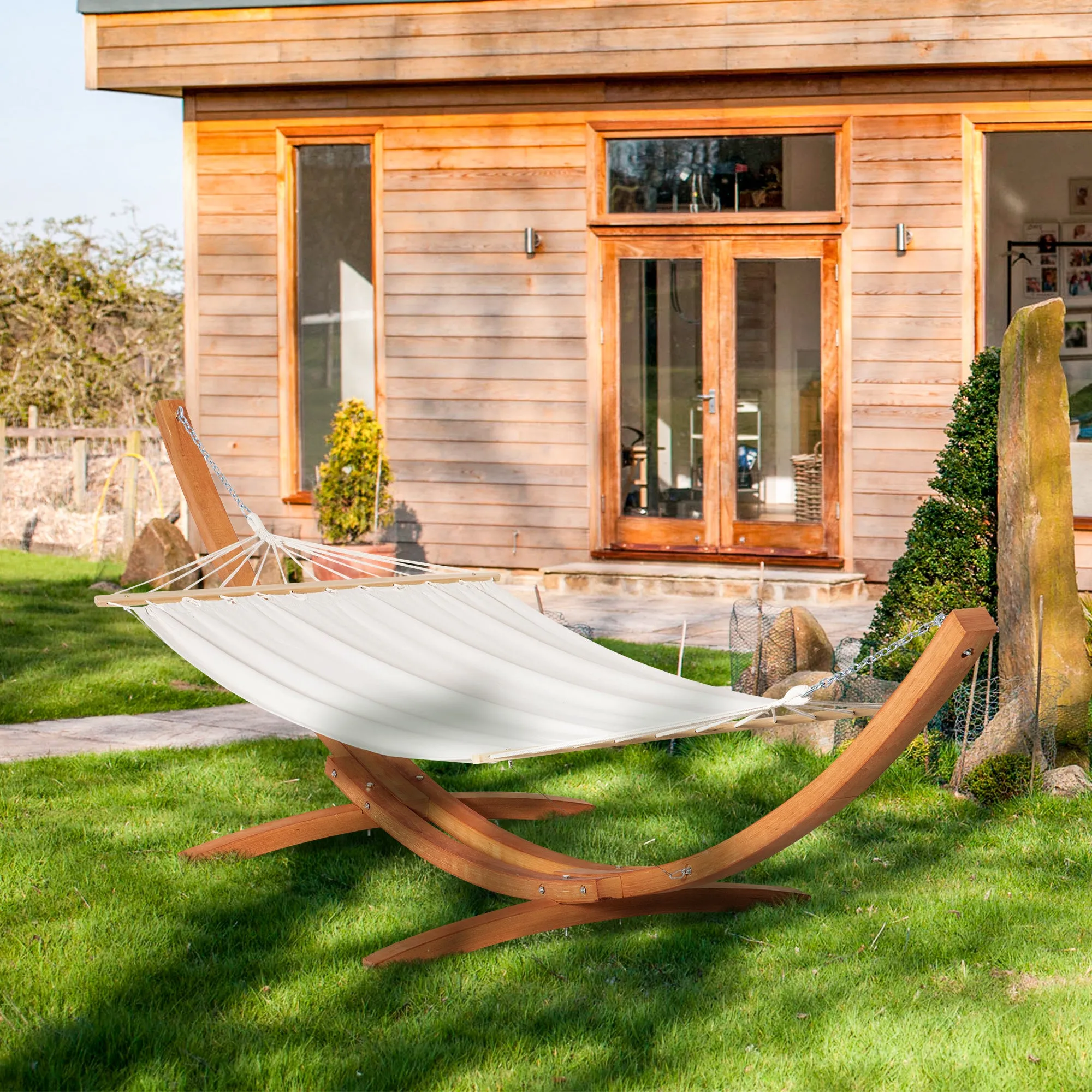 Outsunny Outdoor Garden Hammock Swing Hanging Bed w/Wooden Stand for Patio White