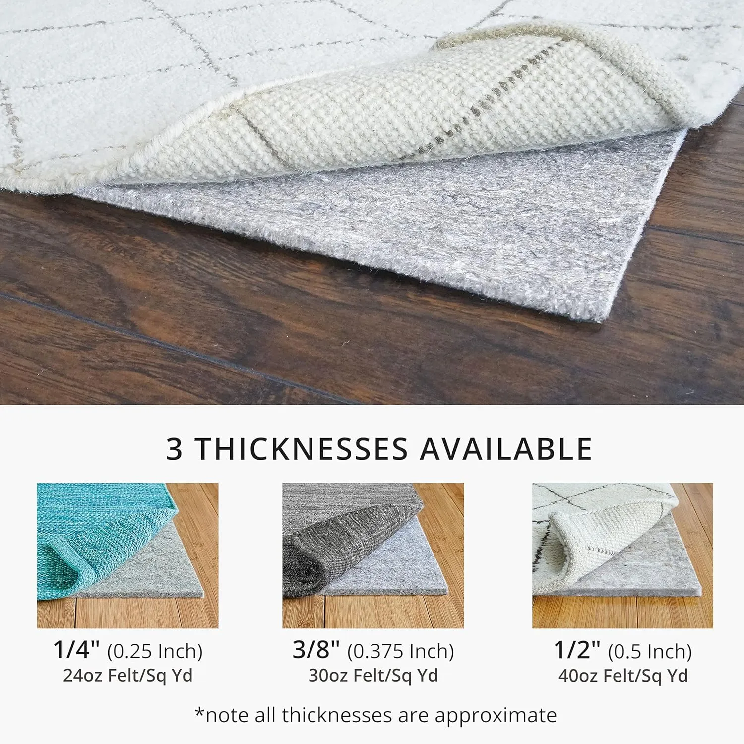 RUGPADUSA - Basics - 9'x12' - 1/4" Thick - 100% Felt - Protective Cushioning Rug Pad - Safe for All Floors and Finishes Including Hardwoods