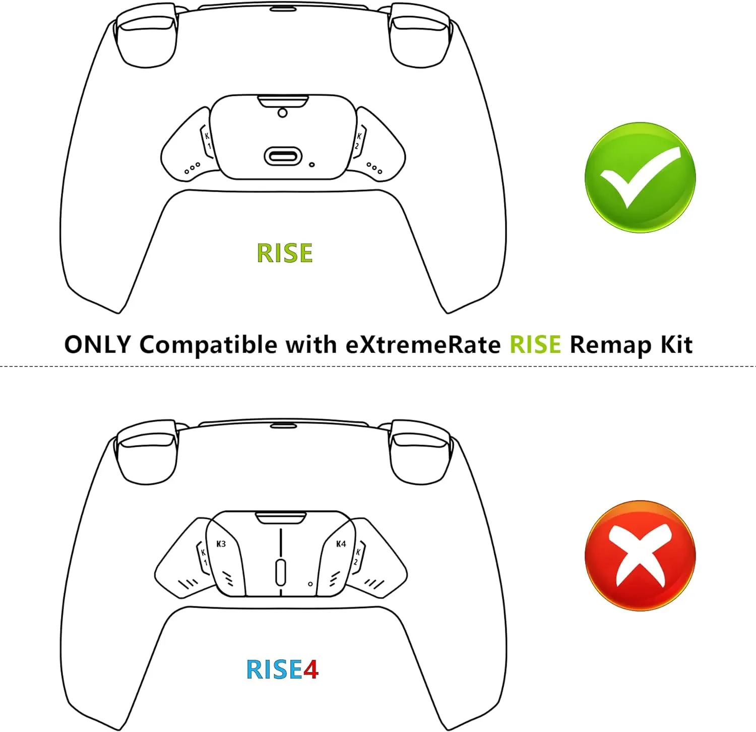 Solid Black Replacement Redesigned K1 K2 Back Button Keys Set for eXtremerate Rise Remap Kit for PS5 Controller - Only Buttons, Without Controller & Rise Remap Board